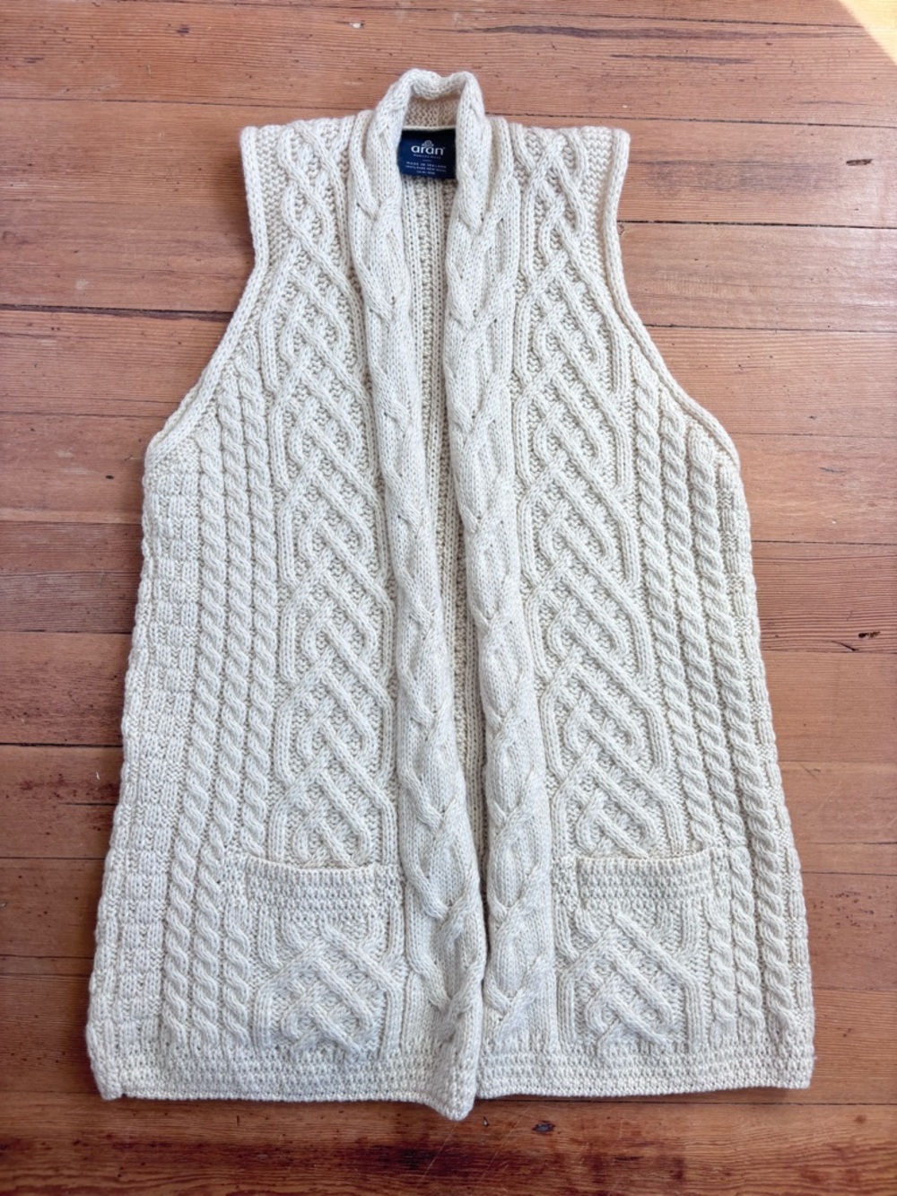 Aran Crafts Ireland 100% Merino Wool Cable Knit Shawl Collar Vest Fishermen Sz S